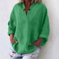thumbnail image 1 of ICHUANYI Clearance Women's Fashion Solid Color Tops Long Sleeved Loose Cotton And Linen Loose Shirt Blouse V-Neck Casual Tops(Green, S) ICHUANYI WER2023081009194, 1 of 6