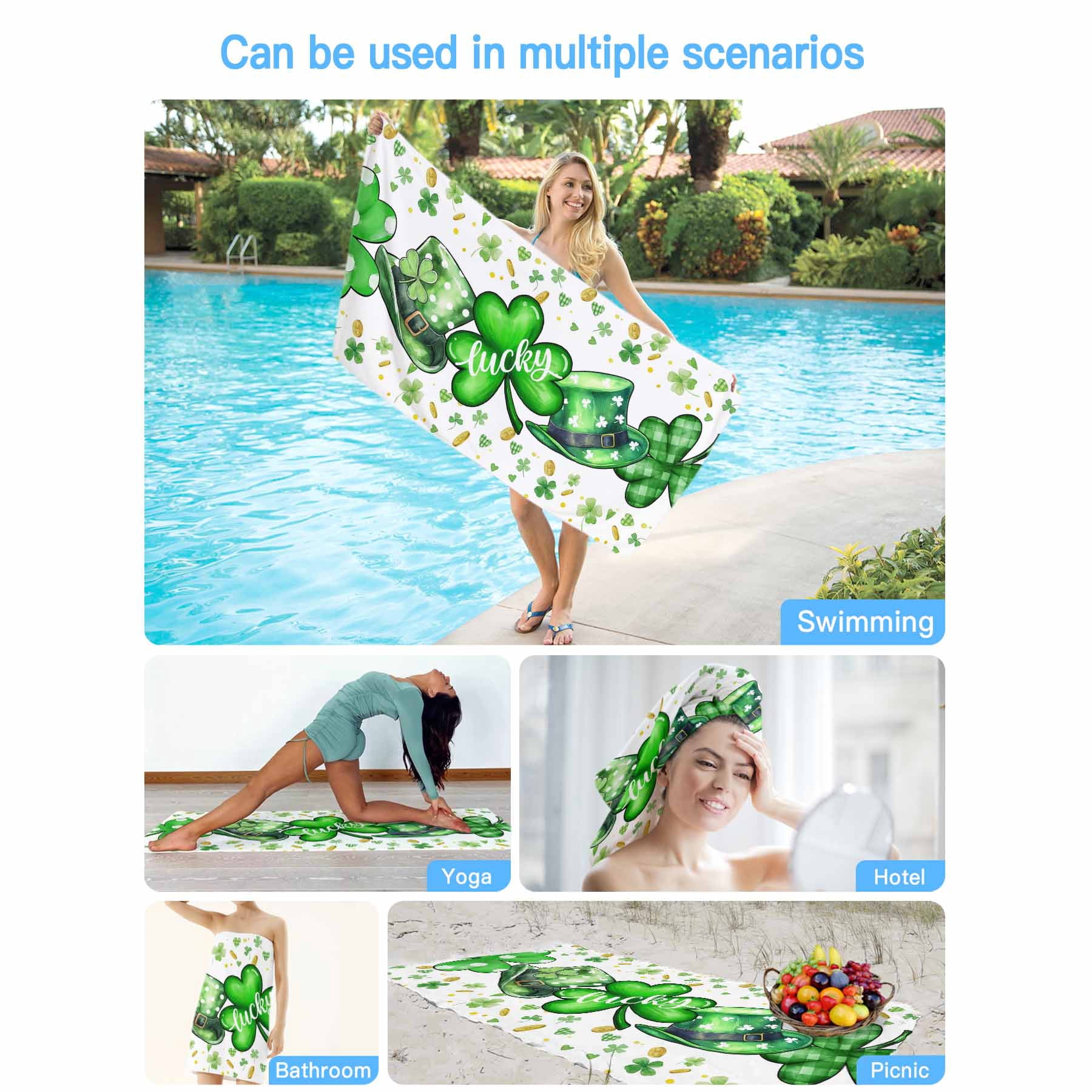 St. Patrick's Day Beach Towels Blanket Soft&Absorbent Quick Dry Microfiber Green Lucky Shamrocks Hat Pool Towels for Swimming ,Yoga, Sports, Gym, Camping,Large 35X70in, Gold Coin