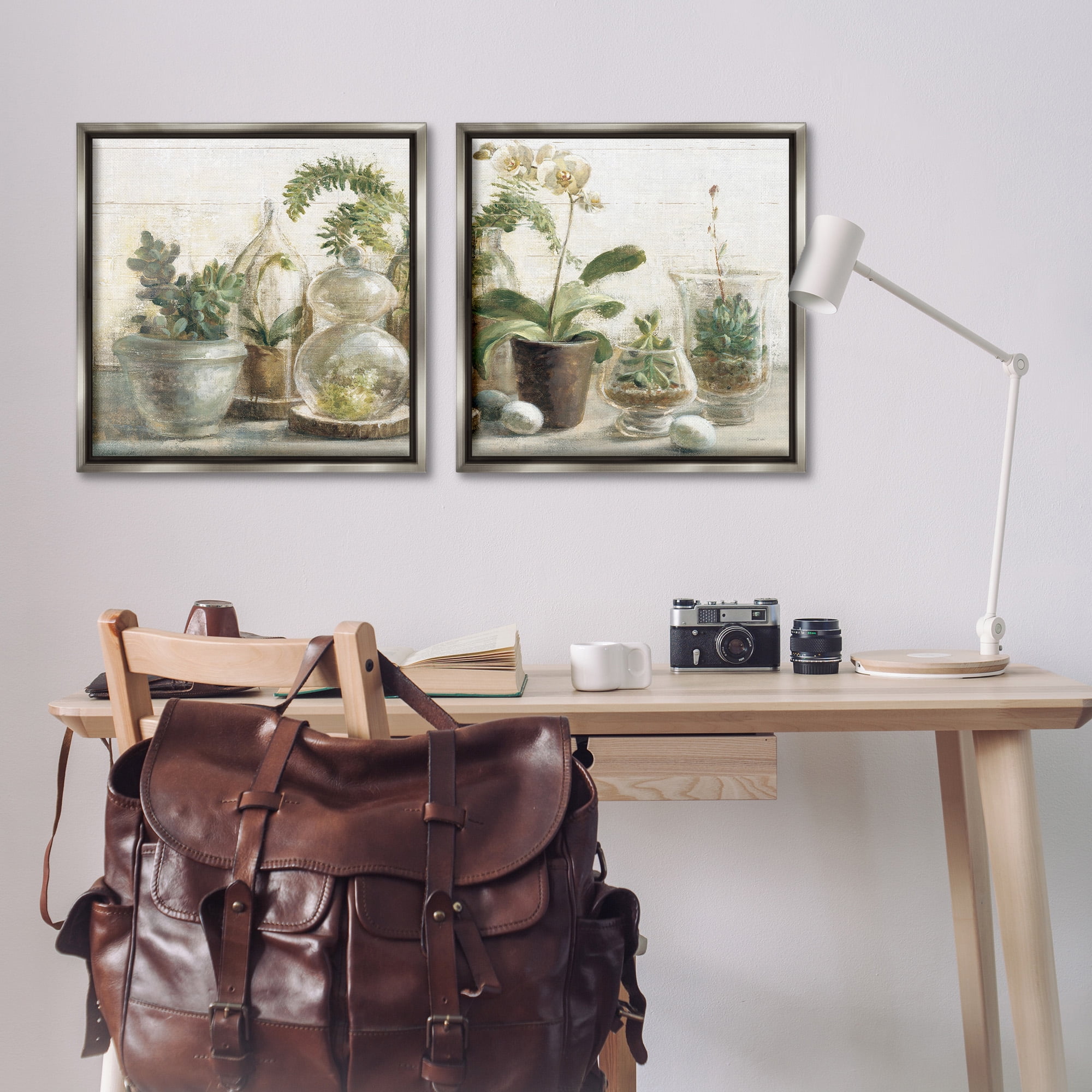 Stupell Industries Succulent House Plants Country Charm Botanical & Floral Painting Gray Floater Framed Canvas Art Print Wall Art, 25 x 25, Set of 2