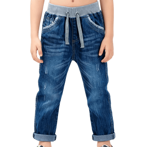 Gaexia Boys Stretch Denim Jeans Mid Waist Drawstring Elastic Comfortable Long Pants for Kids with Pockets (Dark Blue,13-14 years)