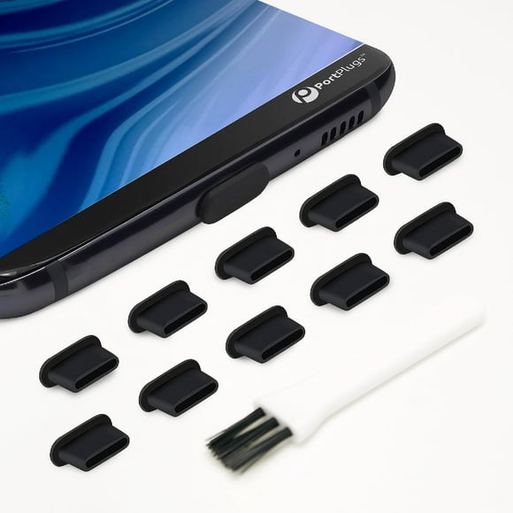 Tapones antipolvo PortPlugs USB-C (paquete de 10) - Compatible con iPhone 15 Galaxy S24-S20 Pixel MacBook iPad Switch y todos los puertos tipo C - Incl. Cepillo de limpieza PortPlugs (negro)
