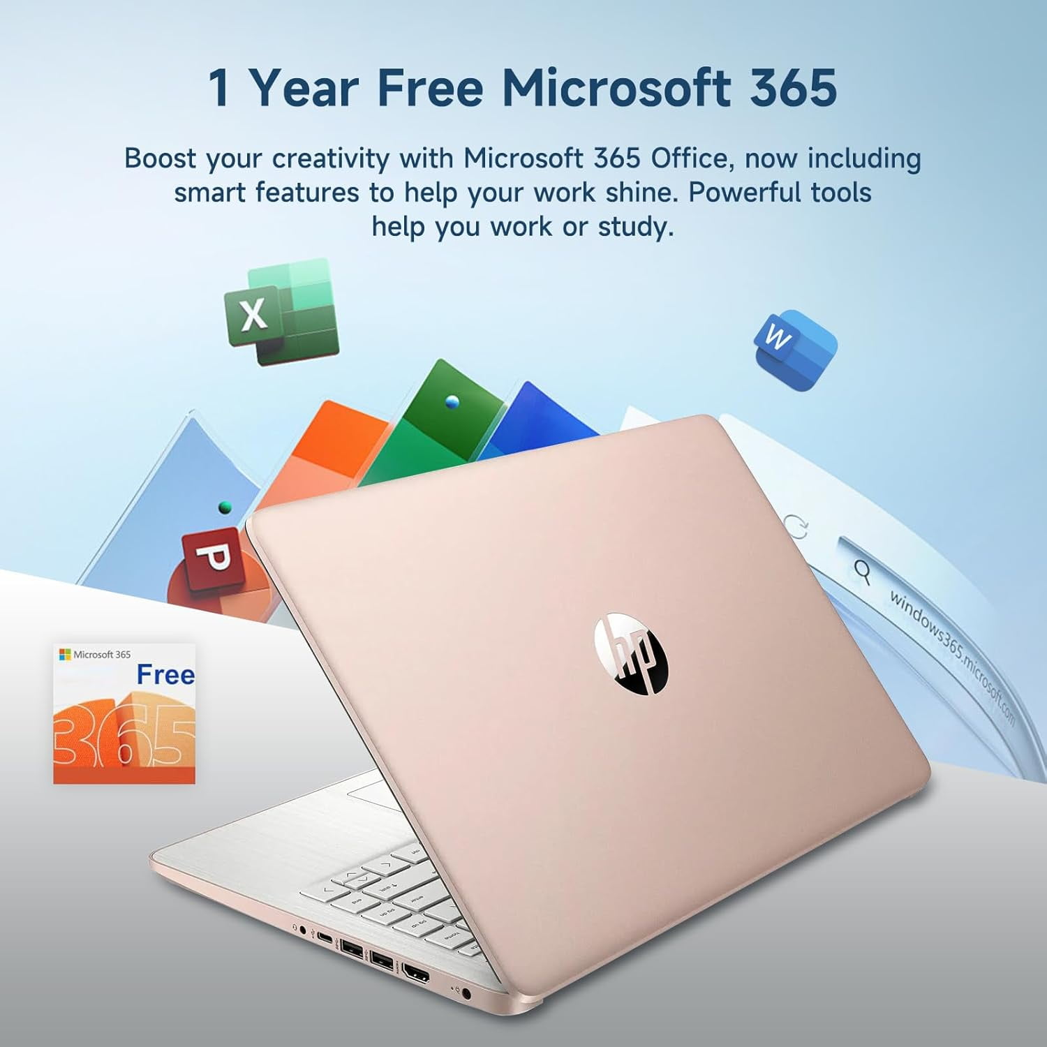 HP 14" Ultra Thin Laptop, Intel Quad-Core Processor, 16GB RAM, 384GB (128GB eMMC+64GB SD Card), Windows 11 Home, 1 Year Microsoft Office 365, Lightweight Notebook for Work or School, Gift Set(Pink)