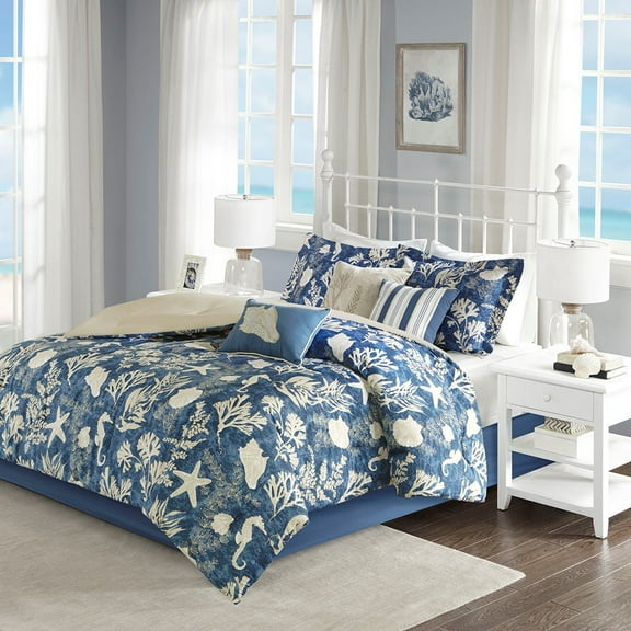 7-Piece Blue Cotton Sateen Comforter Set, California King Coastal Bedding with Decorative Pillows & Bed Skirt