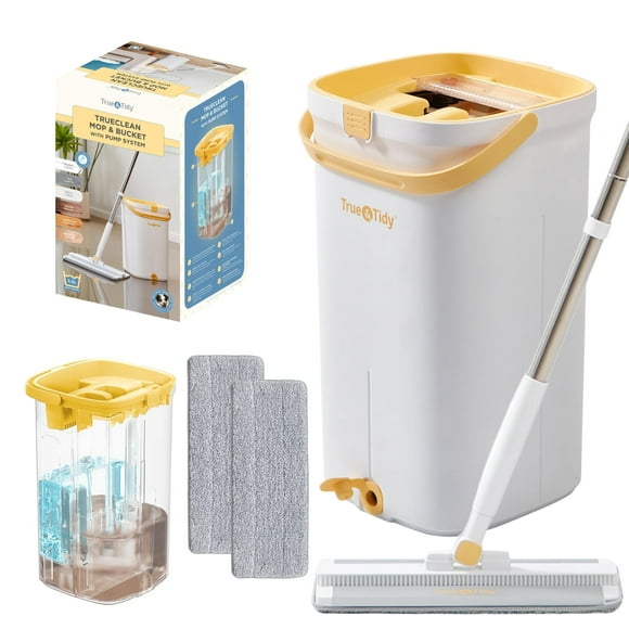 Mop and Bucket Set with Pump System for Home, Hands Free Self Cleaning with 3 Compartments to Separate Clean from Dirty Water, with 2 Machine Washable Microfiber Mop Pads, Patent Pendi