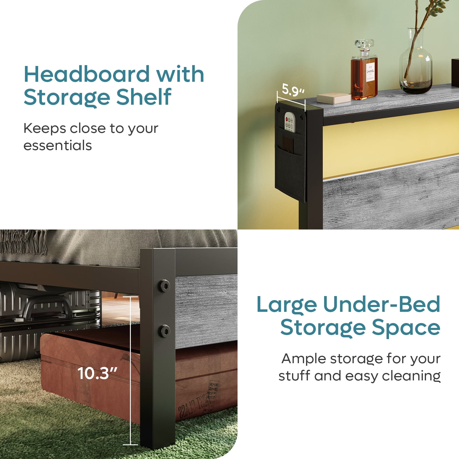 Bestier Queen Size Platform Bed Frame with Storage Headboard, LED Lights & USB Charging Station, Metal Bed Frame Grey
