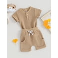 thumbnail image 4 of Musuos Baby Boy Summer Clothes 3 6 9 12M Solid Color Waffle Short Sleeve Button Romper with Shorts 2Pcs Outfit, 4 of 10