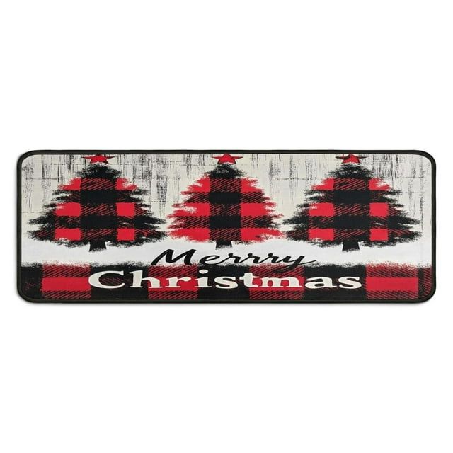 Kitchen Rug Set of 2 Absobent Christmas Kitchen Mats for Floor,Merry Christmas Red Buffalo Plaid Tree Kitchen Runner for Bathroom,Room Outdoor (47x17+30x17 Inches)