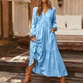 thumbnail image 6 of Women's Maxi Dress Long Sleeve V-Neck Loose Fit Button Down Cotton Linen Retro Swing Dress for Spring Fall Casual Daily Wear,Light Blue,2XL, 6 of 7
