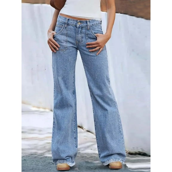 ROAD MARKINGS High-Waist Jeans, Light Blue Denim, Frayed Hem, Front Utility Pockets (US, Alpha, Small, Regular, Regular, Light Blue)