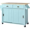 thumbnail image 6 of Mint Green Kitchen Cart with Rubber wood Drop-Leaf Countertop - Concealed Sliding Barn Door, 4 Wheels, Storage Cabinet & 2 Drawers, 6 of 15