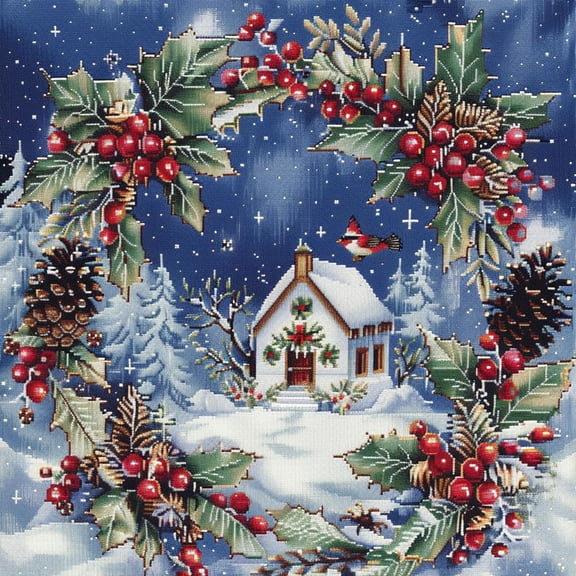 Winter Bird and Pine Cone Wreath DIY 11CT Stamped Cross Stitch Kits for Beginners Easy Needlepoint Embroidery Counted Cross Stitch Art Craft for Wall Decoration 14x14inch(4)