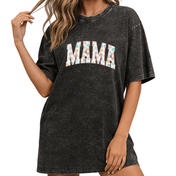 Women Easter Eggs Mama Graphic Tees Cotton Crew Neck Printed T-Shirt fun Tops Washed T-Shirt Black S-2XL Plus Size