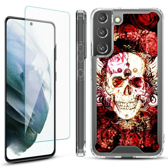 Shockproof Bumper Phone Case for Samsung Galaxy S22  / S22 Plus 5G, with Tempered Glass Screen Protector, by OneToughShield ® - Rose Skull