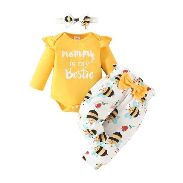 Gibobby Conjunto para bebé Niñas con letras de manga larga para niños y Niñass, mono con estampado de dibujos animados, pantalones, diademas, trajes(Amarillo, 12-18 Meses)