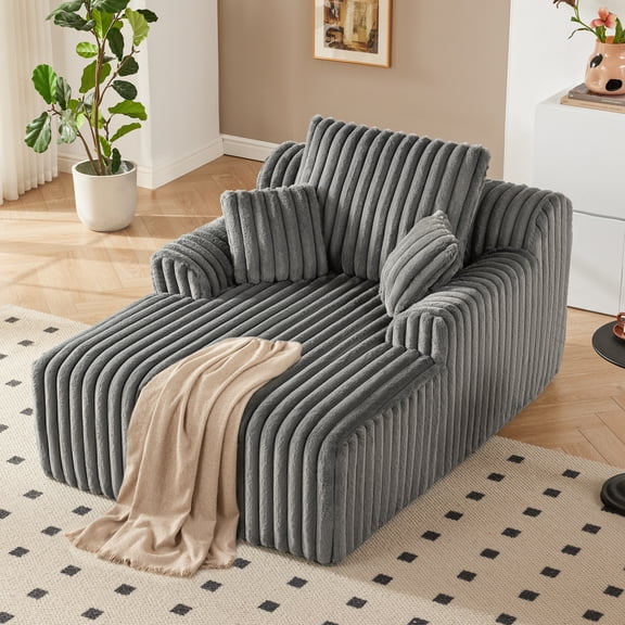 Mangodan 63" Oversized Chaise Lounge Chair Indoor, Boneless Couch Chair with 3 Pillows, Comfy Reading Chair with Wide Arms, No Assembly Required Corduroy Couch, Sleeper Sofa for Living Room, Gray