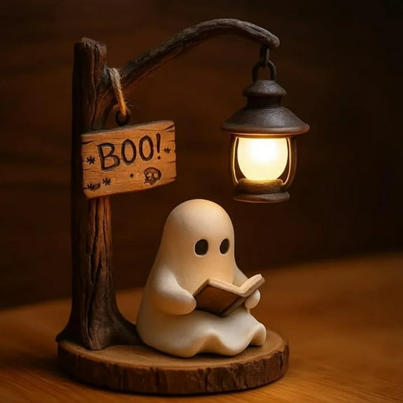 Cute Ghost Reading Lantern - Boo, 3D Resin Halloween Ghost Night Light, Cute Ghosts Reading Book Lamp with Warm Glow, Glowing Halloween Ghosts Decorations for Bedroom Living Room(1 PC)