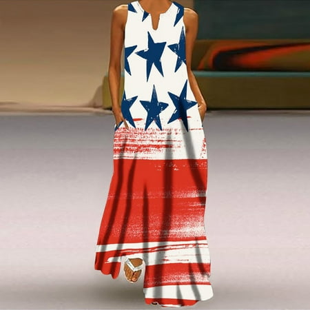 

Hvyesh Summer Dresses for Women 2023 Plus Size Party Long Dress 4th of July Print V Neck Sundresses Sleeveless Lightweight Dresses Red