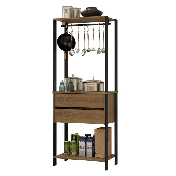Madesa Kitchen Pantry Storage Rack with 2 Drawers and Hanging Space 27"L Multiuse Cabinet for Kitchen Organization- Black/Brown