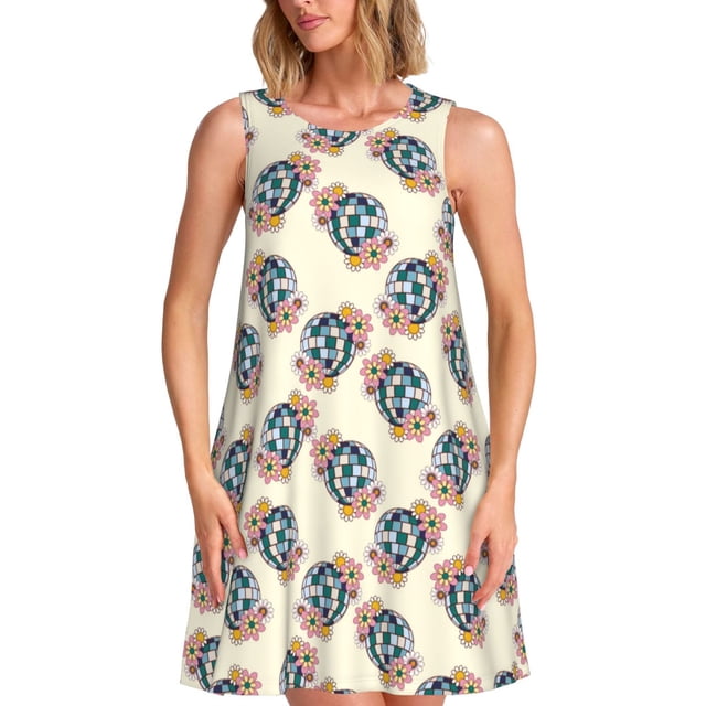 Bixox Robe Sans Manches à Imprimé Boule Disco des Années 70 pour Femmes avec Poches, Robe Décontractée Longueur Genou pour l'Été-Grand