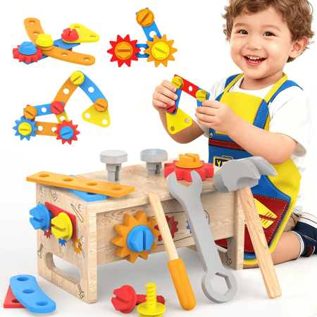 OFUN 40Pcs Wooden Kids Tool Box Pretend Play Work Bench Toy Set Educational Construction Montessori STEM Learning Kit for Toddler Boys Age 2+