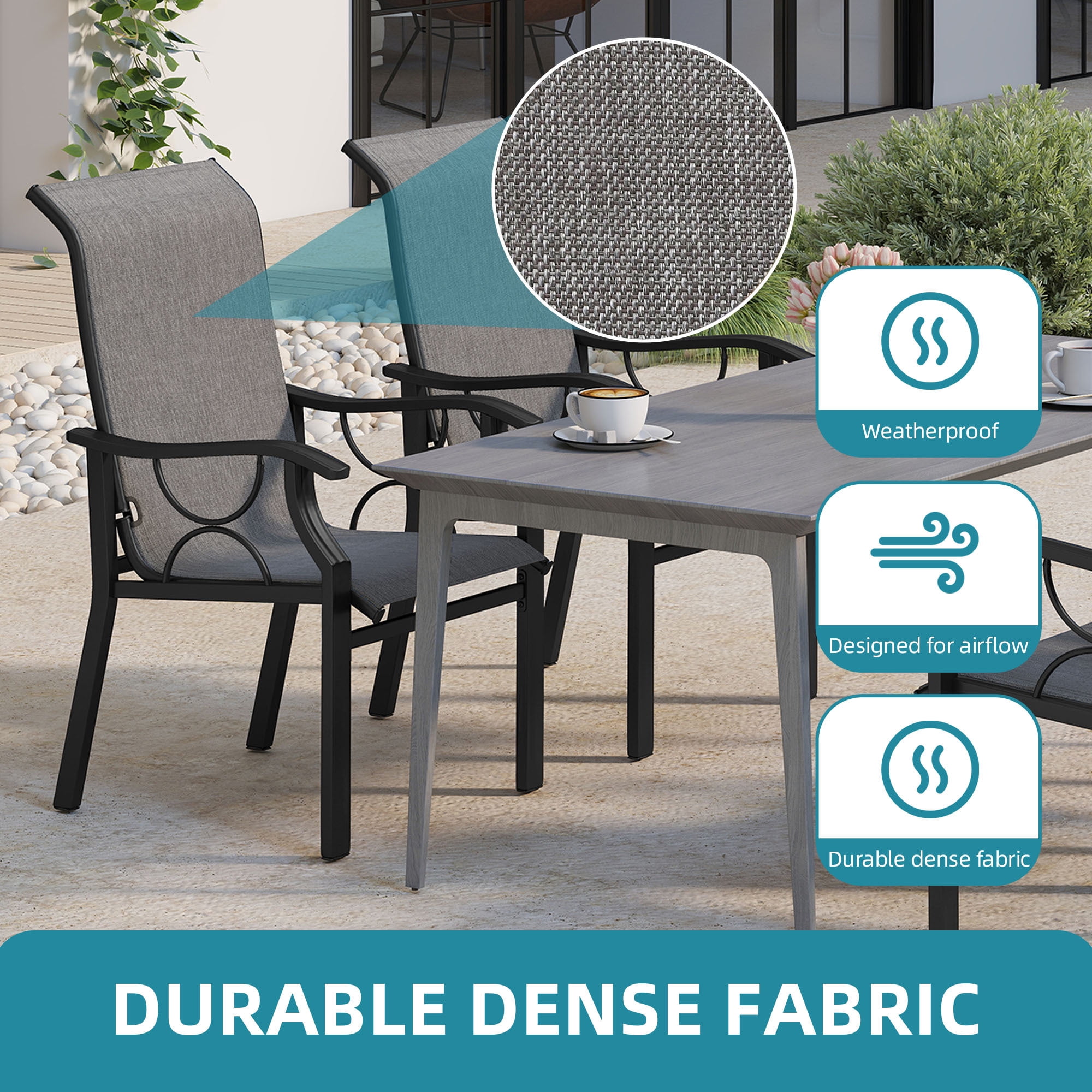 Uforic Patio Dining Chair, Gray Textilene Fabric, Sturdy Iron Frame, Straight Legs, Heavy Duty 150kg Capacity, 2 Pieces per Box for Outdoor Use