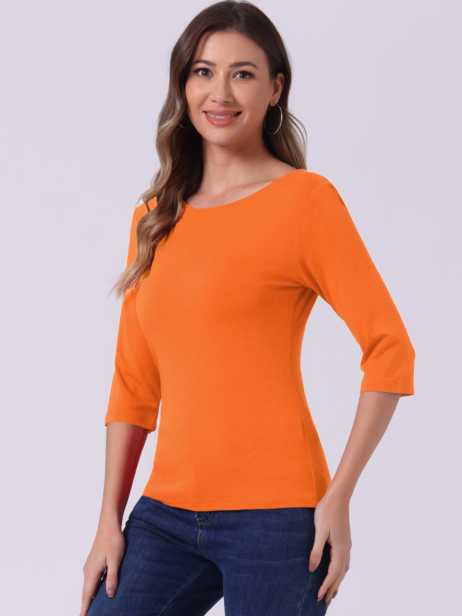 DARING DIVA Women's Elbow Sleeves Boat Neck Slim Fit Classic Tee XL Orange