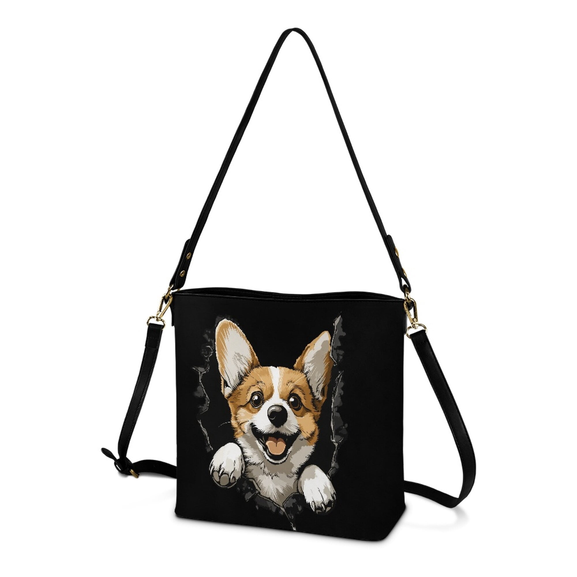 Kuiaobaty Corgi Hole Print Bucket Crossbody Bag for Women, Cute Lightweight Vegan Leather Shoulder Handbag Crossbody, Wear Resistant Bucket Tote Bag Handbag with Adjustable Strap for Travel