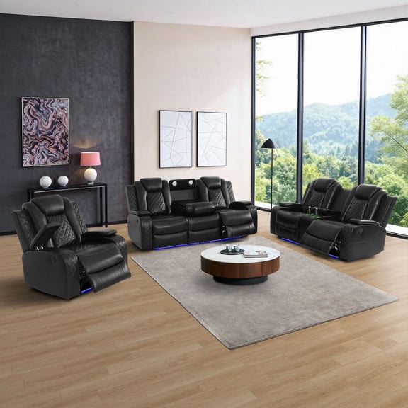 Black Breathing Leather 3-Piece Living Room Recliner Sofa Set