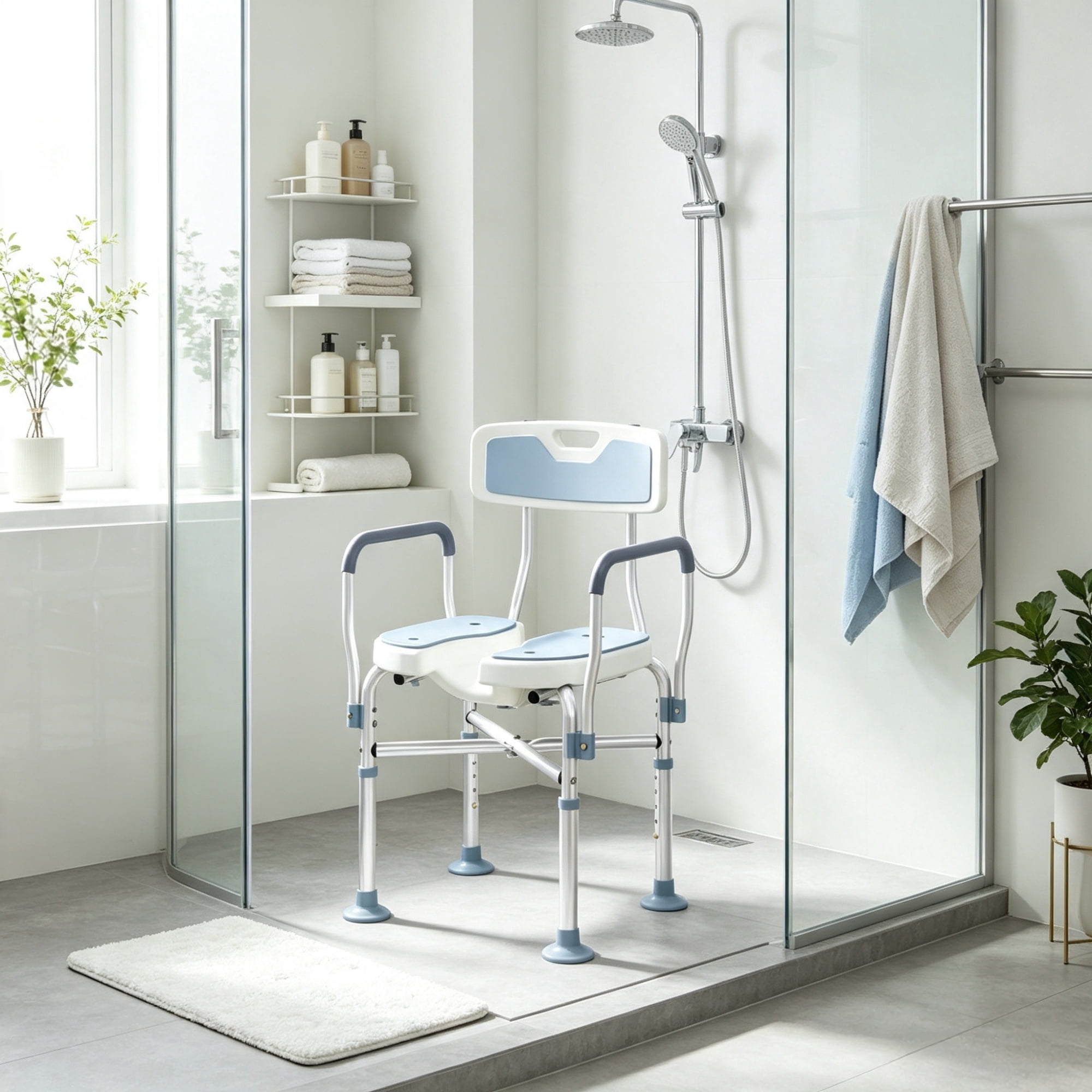 Light Blue Padded Bath Seat, Height Adjustable Anti-slip Shower Chair with Arms and Back