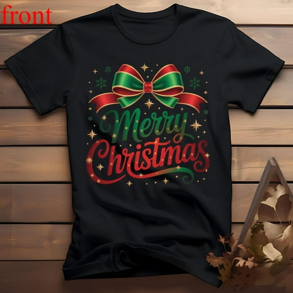 Men's Black T-Shirt Graphic Tees "Merry Christmas" Bow & Typography Holiday Design Shirts S-5XL Casual Daily Tops
