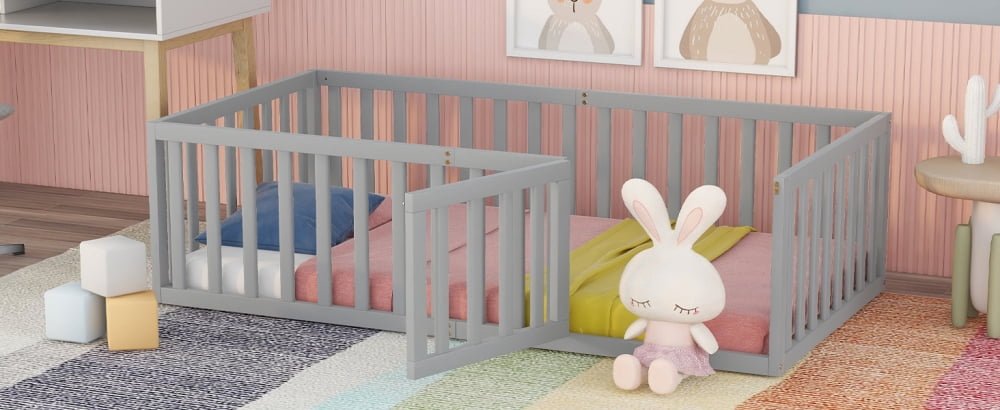 Twin Size Floor Bed Frame for Kids, Solid Wood Montessori Bed Frame with Fence Rail and Door, Montessori Floor Bed Wood Full Bed Frame for Boys and Girls, Gray
