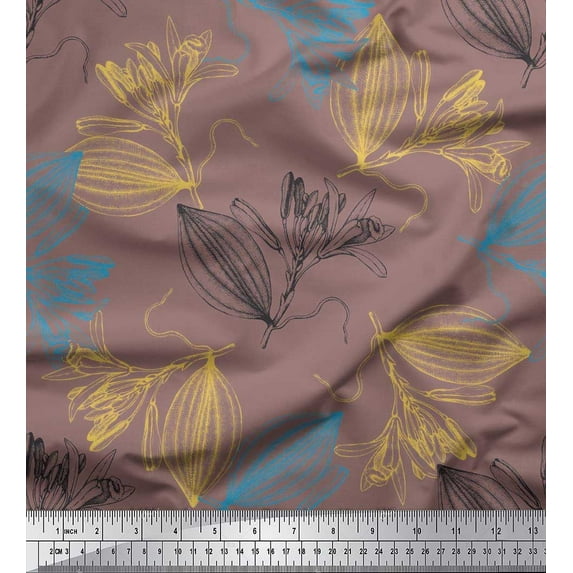 Soimoi Brown polyester Crepe Fabric Leaves & Sketch Floral Printed Fabric 1 Yard 42 Inch Wide