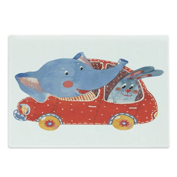 Cartoon Cutting Board, Watercolor Sketch of Young Blushed and Hare in Small Car Friend Travel, Decorative Tempered Glass Cutting and Serving Board, Large Size, Blue Red White, by Ambesonne