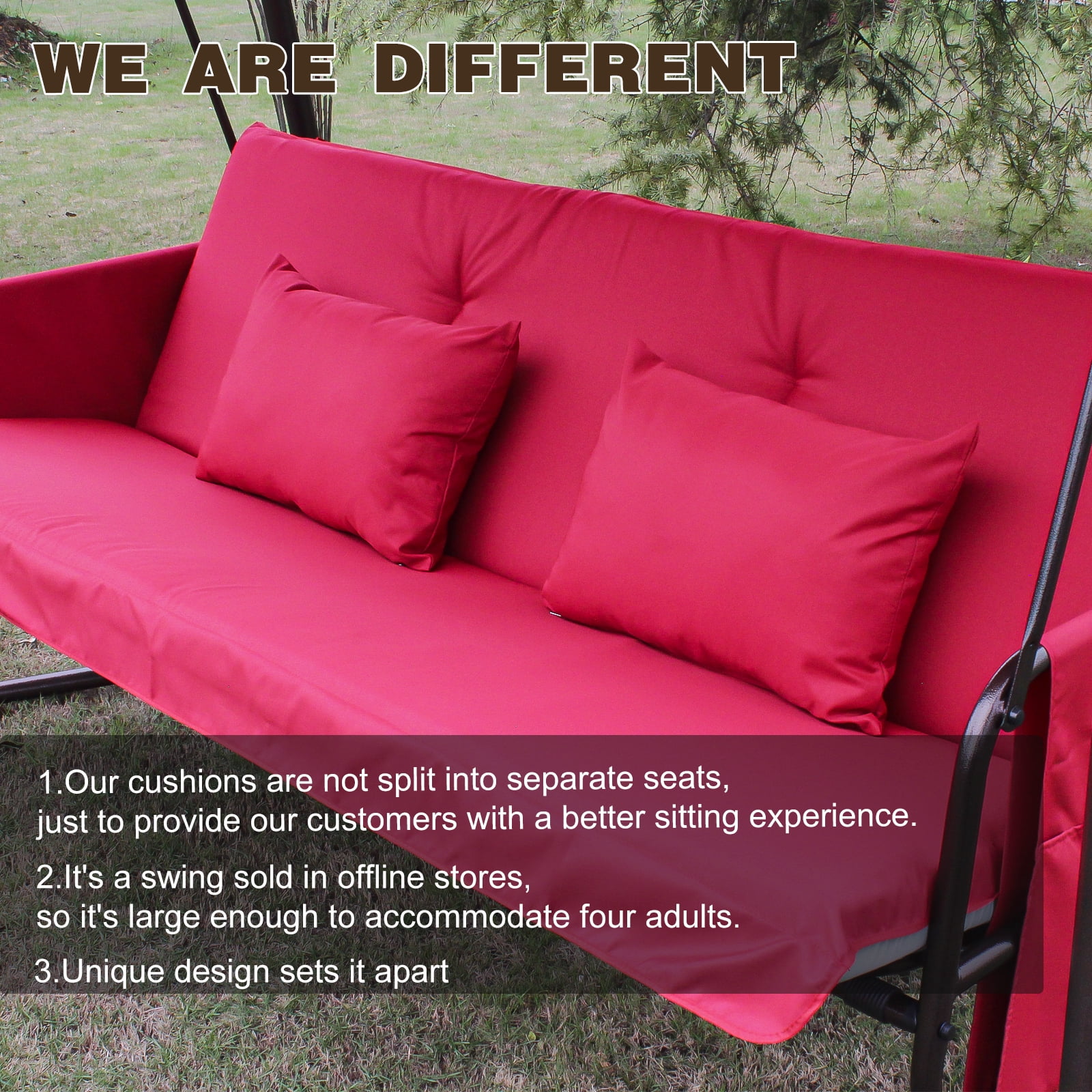 Outdoor Patio 3-Seater Metal Swing Chair with Adjustable Canopy & Thick Cushion, 600 lb Capacity Hanging Swing Bed for Garden Backyard Porch Deck, Red