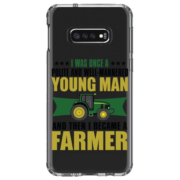 DistinctInk Clear Shockproof Hybrid Case for Samsung Galaxy S10e (5.8" Screen) - TPU Bumper Acrylic Back Tempered Glass Screen Protector - Was Well Mannered Young Man Then Farmer