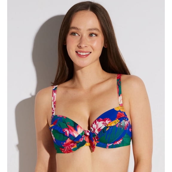 Women's Pour Moi 27900 Antigua Frill Padded Underwire Swim Top (Blue Floral 36B)