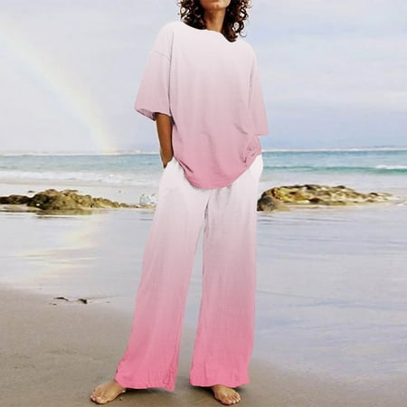 Brilliant 2 Piece Outfit for Women Plus Size Women s Casual Shoulder Sleeved Short Sleeved Round Neck Tops/Loose Straight Tube with Pocket Long Pants Set Pink S