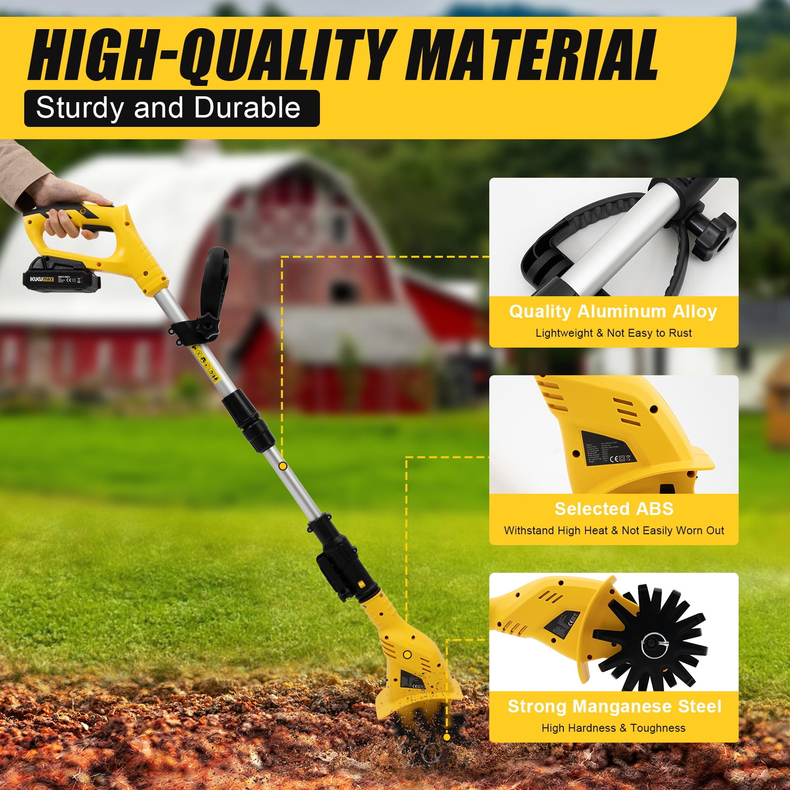Fichiouy Cordless Tiller Battery Powered Cultivator Cultivating Tools for Garden Yard