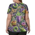 thumbnail image 3 of Mardi Gras Scrub Tops for Women Carnival Short Sleeve Sequins Scrubs Feathers Print Mask Print V Neck Green Uniform with Pockets Light Purple M, 3 of 5