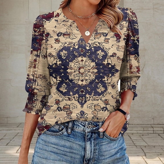 Jsaierl 3/4 Sleeve Womens Tops Plus Size V Neck Shirts Boho Print Ladies Blouses Work Vacation T-shirts Top S-2XL