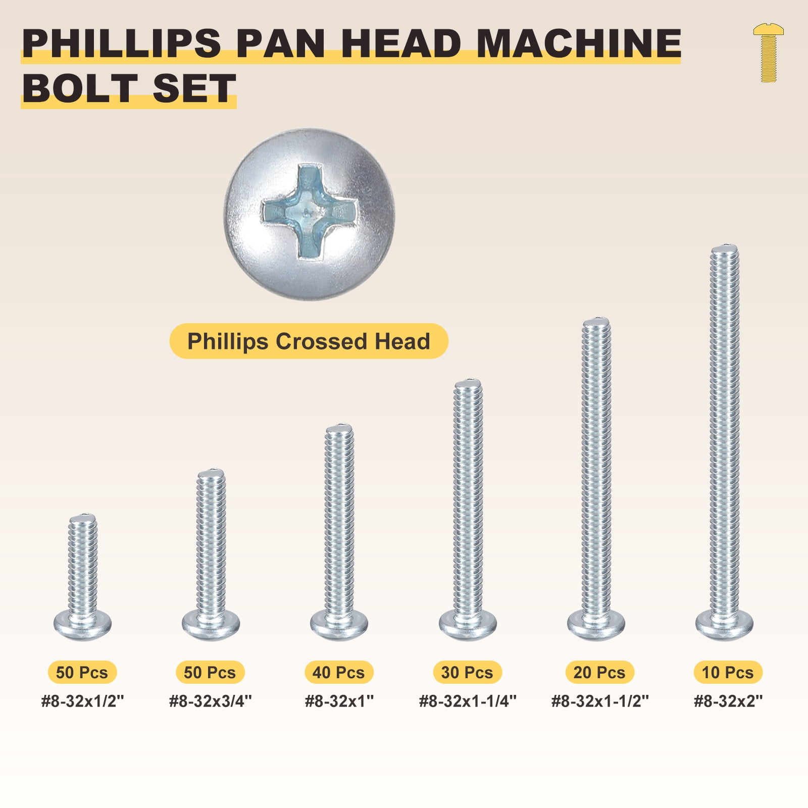 Phillips Pan Head Machine Bolts Assortment Kit (#8-32) 200Pack, Carbon Steel Pan Head Mounting Screws - for Home Door Window Installment Electrical DIY