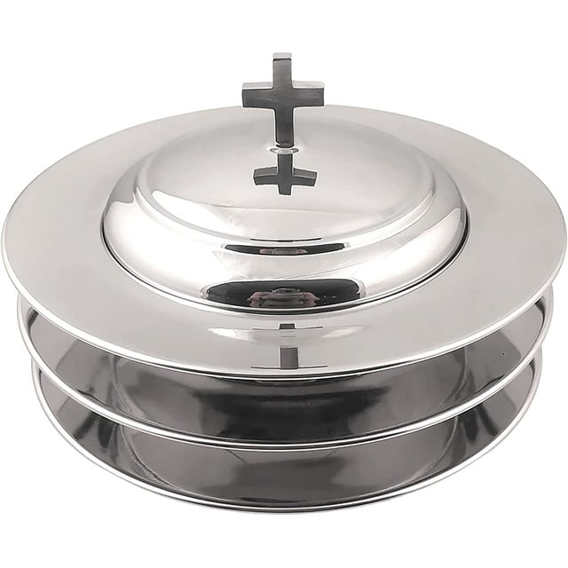 Communion Ware 3 Holy Stacking Bread Plates With A Lid - Stainless Steel (Mirror/Silver)