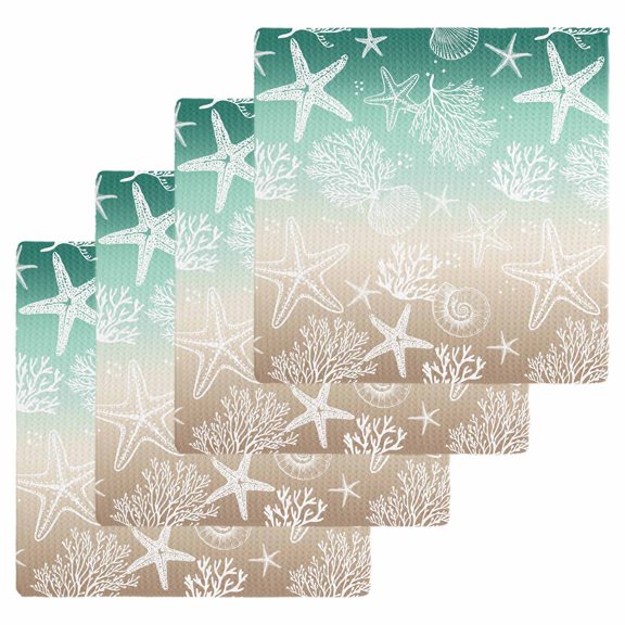 Green Ombre Coastal Kitchen Dish Towels for Drying Dishes Set of 4, Sea Nautical Summer Beach Starfish Coral Waffle Weave Microfiber Hand Tea Bathroom Towels Quick Dry & Absorbent Towel 12x12