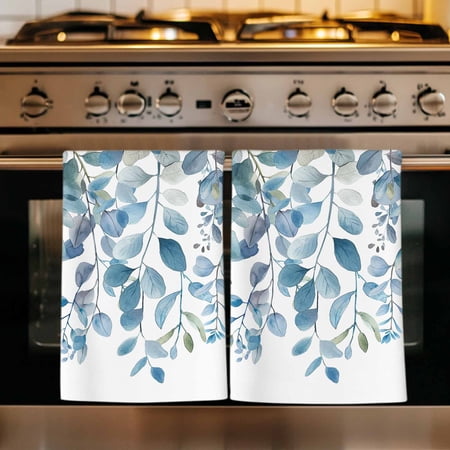 Blue Eucalyptus Leaves Kitchen Towels Set of 2 Watercolor Botanical Weeping Absorbent Dish Towels for Kitchen Microfiber Hand Towel Quick Drying Tea Towel for Cleaning Decorative Dishcloths