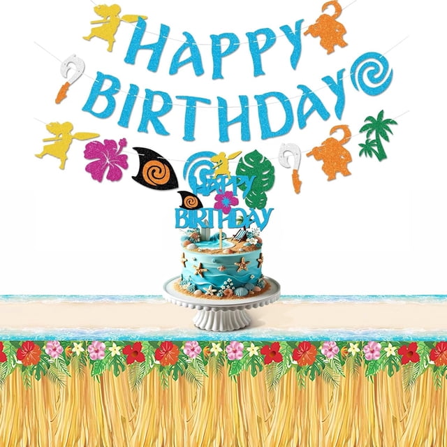 Moana Birthday Decorations Set - Moana Cake Topper, Banner, and Table cloth - Perfect Beach Party Decorations for Baby Moana Themed Birthday