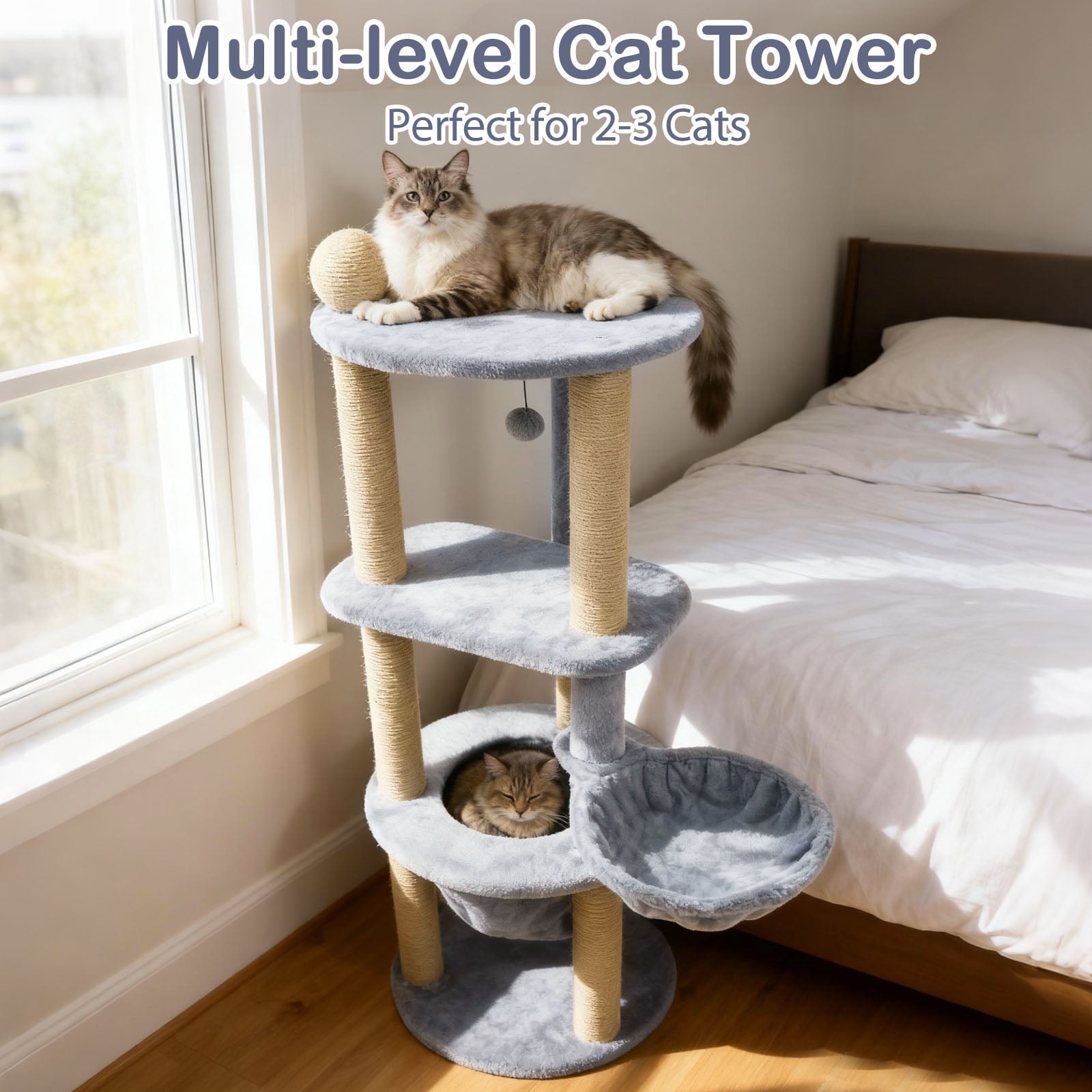 Gymax 48'' Tall Cat Towel w/Cat Nest Scratching Posts Ball Top Perch Hanging Ball