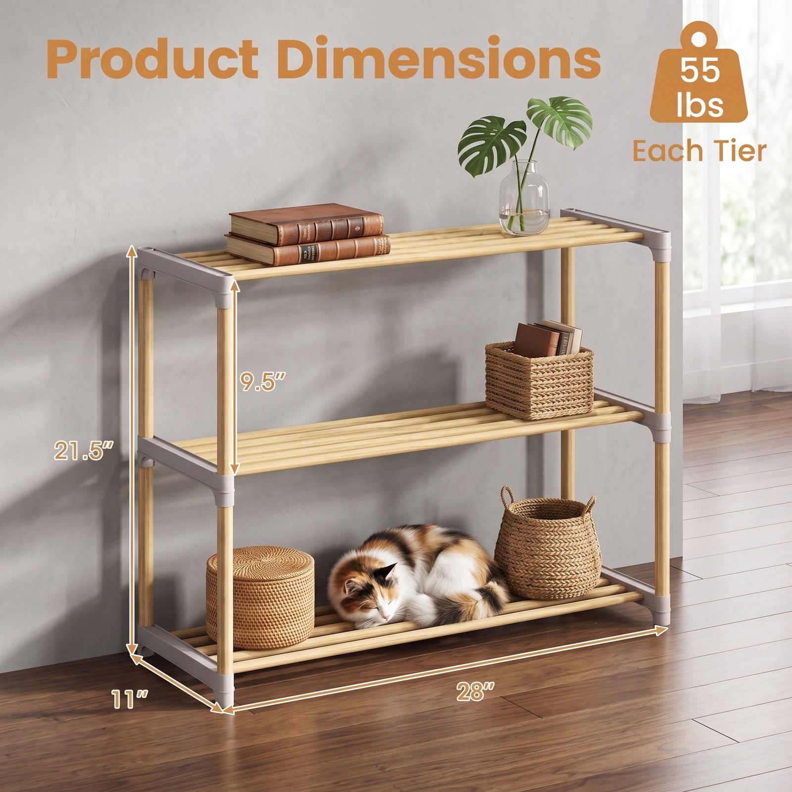 Furnibear 3-Tier Solid Pine Wood Shoe Rack with Slatted Open Shelves for Entryway Closet and Bedroom Storage, Natural and Gray
