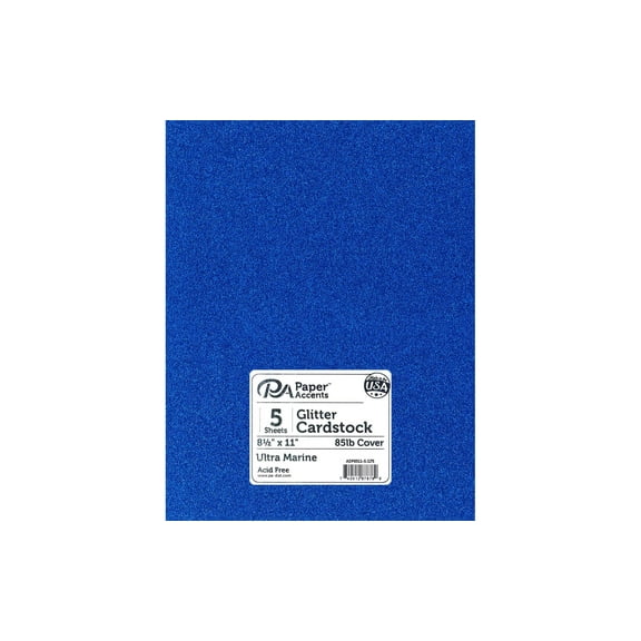 PA Paper Accents Glitter Cardstock 8.5" x 11" Ultra Marine, 85lb colored cardstock paper for card making, scrapbooking, printing, quilling and crafts, 5 piece pack