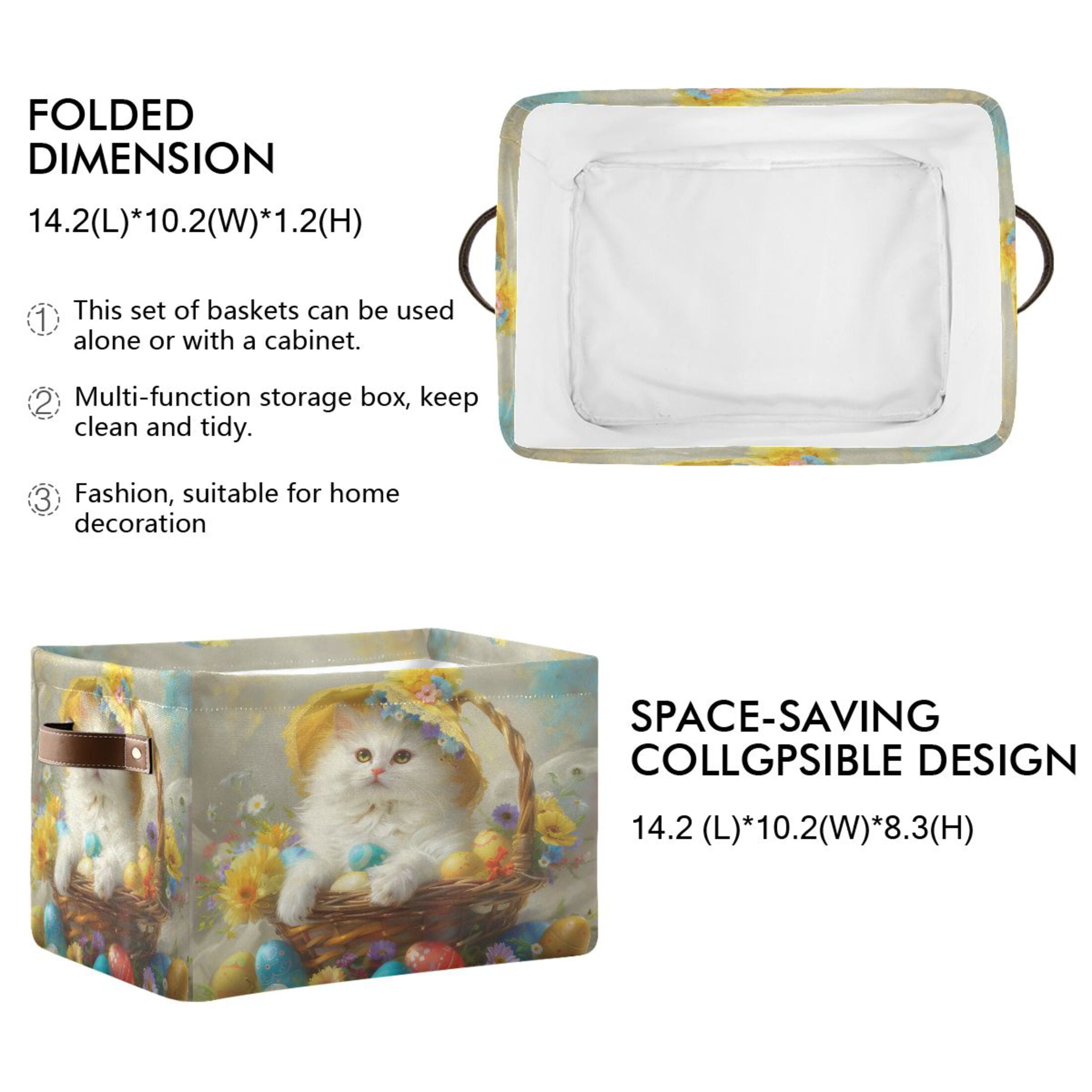 Storage Bins with Handle Fabric Organizer Basket Foldable Box 1 Pack Easter Egg with Cat 14.2x10.2x8.3