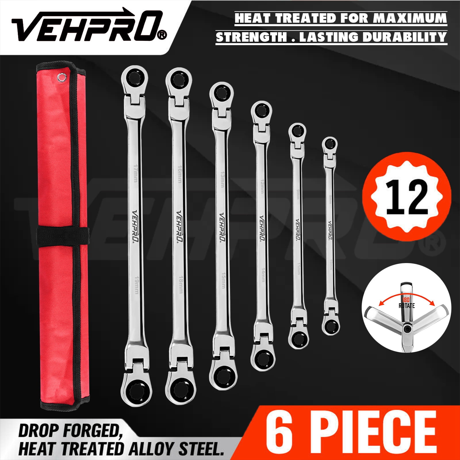 6Packs Double Box End Ratcheting Wrench Flex Head Extra Long Spanners Set Metric 